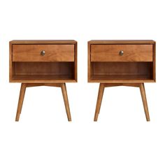 two wooden nightstands side by side with one drawer open and the other closed up