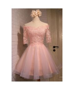 Shop cheap pink a-line off-the-shoulder short tulle homecoming dress with appliques lace online. Custom-made any plus size or color. Pro since 2009. Lace Sleeve Bridesmaid Dress, Sleeve Homecoming Dress, Pink Prom Dresses Short, Junior Homecoming Dresses, Dress Half Sleeve, Homecoming Dress Short, Special Occasion Gowns, Dresses Tulle, Pink Homecoming