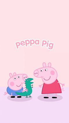 peppa pig and her friend are standing next to each other in front of a pink background