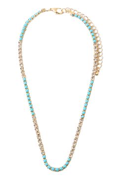 Indulge in the captivating fusion of glamour and vibrant elegance with our stunning rhinestone clear and turquoise necklace. Each shimmering rhinestone reflects light with mesmerizing brilliance, adding a touch of luxury and sparkle to your ensemble. The turquoise accents infuse a pop of color and exude a sense of exotic allure, evoking the tranquil beauty of turquoise waters.