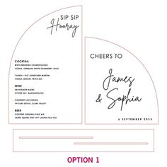 the wedding program is displayed on a white background with pink lettering and black ink, which reads cheers to james & stephanie