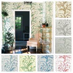 an assortment of wallpapers in various colors and patterns with a chair next to the door