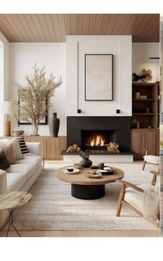 a living room filled with furniture and a fire place in the middle of two pictures