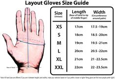 the size guide for a hand with measurements