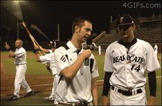 the baseball players are talking to each other