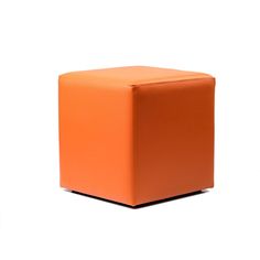 an orange cube ottoman sitting on top of a white floor