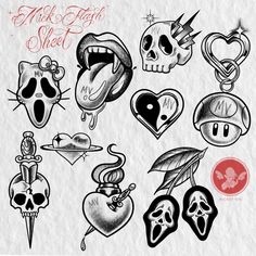 various tattoo designs on paper with the words ink flash sheet written in red and black