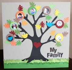 a family tree card with the words my family surrounded by photos and leaves on it