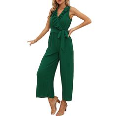 Green Ruffle V Neck Sleeveless Jumpsuit with Belt Casual Sleeveless Jumpsuits And Rompers With Ruffles, Casual Sleeveless Jumpsuits With Ruffles, Green Sleeveless Ruffled Jumpsuits And Rompers, Elegant Sleeveless Green Jumpsuit, Sleeveless Green Jumpsuits And Rompers For Work, Jumpsuit With Belt, Sleeveless Jumpsuits, Jumpsuit Romper, Jumpsuit