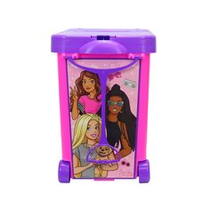 a purple and pink toy box with two girls on it's sides, one holding a dog