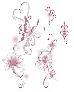 some pink flowers and butterflies on a white background, with hearts in the corner behind them