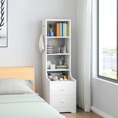 a bedroom with a bed, dresser and bookshelf in the corner next to a window