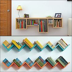 there are bookshelves and shelves on the wall