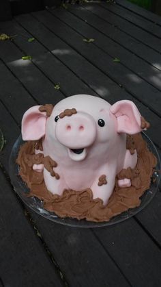 a pig cake sitting on top of a glass plate