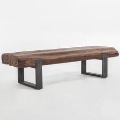 a wooden bench with metal legs on a white background