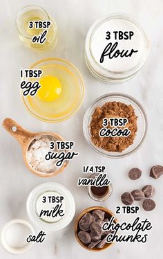 the ingredients to make chocolate chip cookies are shown in small bowls and labeled with their names