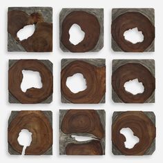 six pieces of wood with holes in them on a white background, arranged in squares and rectangles