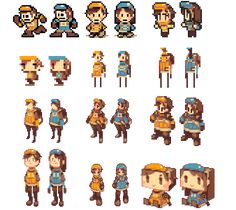 some pixel art work with people in different outfits and hats, all looking like they're