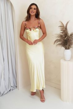 Klabelle Satin Midi Dress | Butter Yellow Yellow Prom Dress Uk, Year 11 Social Dress, Garden Party Wedding Guest Dress, Butter Yellow Dress, Light Yellow Bridesmaid Dresses, Garden Party Wedding Outfit Guest, Yellow Wedding Guest Dresses, Light Yellow Dress, Yellow Satin Dress