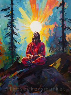 a painting of jesus sitting on top of a tree stump with the sun in the background