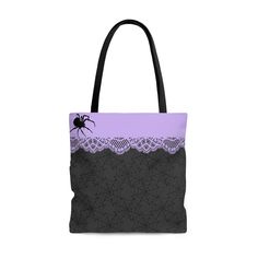 "Classy dark Goth spider tote bag, This practical, high-quality Tote Bag is available in three sizes. Small 13\"13\"x3.5\", Med 16\"x16\"x3.5, Lg 18\"x18\"x3.5.  Made from reliable materials, lasting for seasons. .: 100% Polyester .: Boxed corners .: Black inner stitching, transparent thread on hems. .: Black cotton handles .: With non-woven laminate inside .:Printed and assembled in the US." Gothic Black Bags With Large Capacity, Black Gothic Bag With Large Capacity, Black Gothic Tote Shoulder Bag, Gothic Large Capacity Black Bag, Black Tote Shoulder Bag For Halloween, Everyday Halloween Tote Bag, Everyday Tote Bag For Halloween, Black Gothic Tote Bag, Black Rectangular Shoulder Bag For Halloween