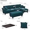 the sectional sofa and ottoman are shown with measurements for each piece in this image,