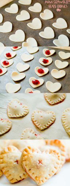 heart shaped pastries on a baking sheet ready to be made into valentine's day desserts