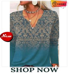 Women's T Shirt Tee Blue Dusty Blue Floral Long Sleeve Home Casual Vintage V Neck Regular Loose Fit Floral S Light Blue V-neck Top For Fall, Wine Print, Elegant Shirt, Vintage Style Outfits, Plus Size Shirts, Long Sleeve Casual, Plus Size Outfits, Trendy Fashion, Red And Blue