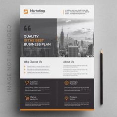 an orange and black business flyer template on a gray background with a pencil next to it