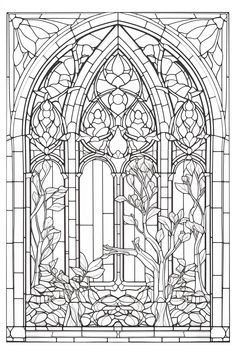 an image of a stained glass window with flowers and leaves on it in black and white