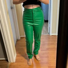 High Waist Green Leather Pants Size M, Comfortable Stretchy Pants, Very Different Inside Has Material So You Don’t Get Sweaty, Never Worn, No Tags It’s By Egreis High Waist Green Leather Pants For Fall, Trendy Green Bottoms With Belt Loops, High-waist Green Leather Pants For Fall, Spring Casual Tapered Leg Leather Pants, Chic Green Leather Pants For Spring, Spring Green Leather Pants, Green Stretch Pants With Belt Loops, High Waist Green Bottoms With Belt Loops, Green Leather Pants For Spring Workwear