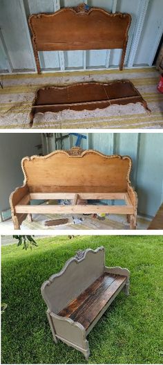 an old wooden bench sitting in the grass