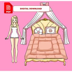 a barbie doll standing next to a bed