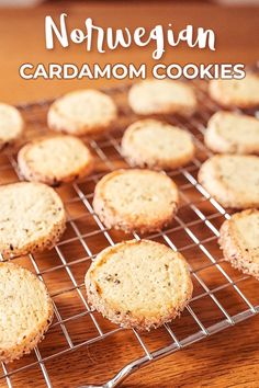 cookies cooling on a wire rack with the words norwegian cardamom cookies