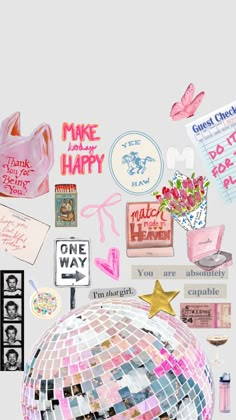 a collage of pink and white items with the words make happy written on them