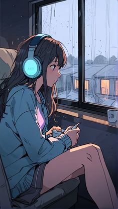 Anime Lofi, Lofi Aesthetic, Random Fanart, Girl Oc, Girl With Headphones, Animation Art Sketches, Simple Iphone Wallpaper