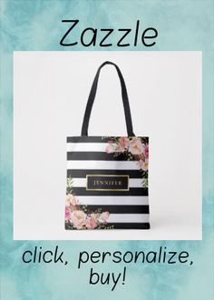 Modern Vintage Floral Classic Black White Stripes Tote Bag #monogram #mothers #elegant #stripes #black #ToteBag Gold Bridesmaids, Custom Tote Bags, Day Bag, Shoulder Tote, Custom Tote, Modern Vintage, Classic Black, Vintage Floral, White Stripe