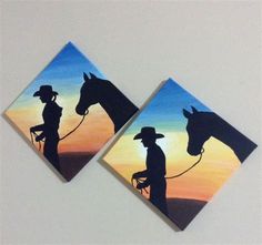 two paintings of cowboy and horse in the sunset