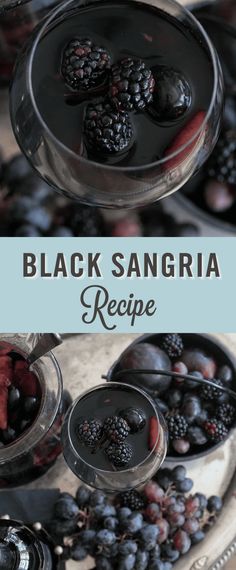 black sangria recipe with berries and ice cream in bowls on a tray, ready to be served