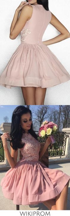 2019 Homecoming Dresses A Line Scoop Chiffon With Applique Short/Mini, This dress could be custom made, there are no extra cost to do custom size and color Fitted Chiffon Homecoming Dress, Fitted Chiffon Dress For Prom Season, Fitted Chiffon Dress For Homecoming And Prom, Fitted Chiffon Dress For Homecoming, Pink Homecoming Dress With Illusion Neckline, Elegant Chiffon Homecoming Dress, Elegant Chiffon Dress For Homecoming, Chiffon Prom Dress With Illusion Neckline, Chiffon Dress With Illusion Neckline For Prom