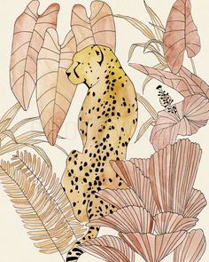 a drawing of a cheetah surrounded by flowers and leaves