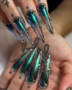 Futuristic Armor, Dark Green Nails, Fantasy Nails, Edgy Nails, Crystal Nails