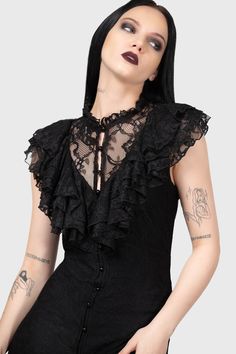 VAMPIRE'S BALL.- Soft, slight stretch custom-made lace.- Ruffled front detail.- Button-up front.- Sleeveless. - Attached underdress.- Fitted.with KILLSTAR branding. Fabric 1: 100% Polyamide. Fabric 2: 96% Polyester, 4% Elastane.Hand wash delicate 30°c / Do not bleach / Do not tumble dry / Iron at low temperature / Do not dry clean. Imported. Vampire Style, Goth Wardrobe, Killstar Dress, Vampire Dress, Green Hair Dye, Soft Goth, 80s Goth, Review Clothing, Patch Dress