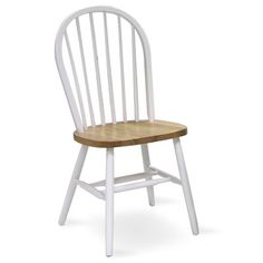 a white and wood chair with a wooden seat on an isolated background, side view