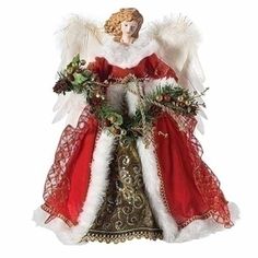 an angel statue with red and white fur on it's wings, holding a bouquet of flowers