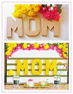 the word mom spelled out in wood letters next to flowers