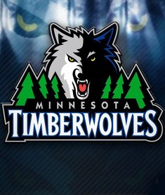 the minnesota timberwolves logo on a dark background with trees and wolf's head