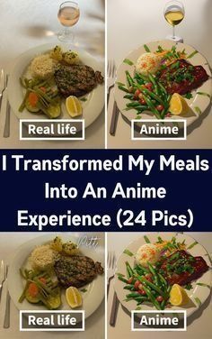 four different plates with food on them and the words, i transformed my meals into an anime experience 24 pics