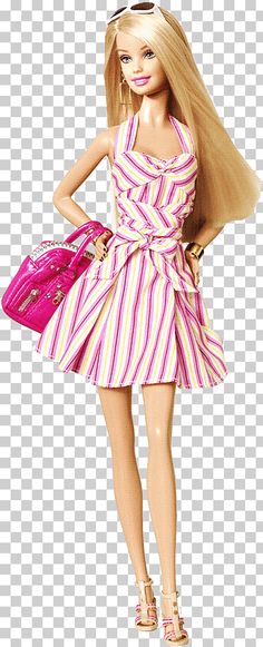 a barbie doll wearing a pink and white striped dress, holding a handbag in her right hand