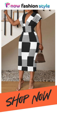 knowfashionstyle Black And White Casual Elegant Vacation Plaid Print Bandage Printing V Neck Wrapped Skirt Dresses Elegant Fitted Patchwork Skirt, Casual High Waist Summer Dress, Casual High-waist Summer Dress, Chic Summer Midi Dress With Pencil Skirt, Casual Fitted High Waist Dress, High Waist Bodycon Skirt For Summer, Summer High Waist Bodycon Skirt, Fitted Sleeveless Patchwork Midi Dress, Fitted Pencil Skirt Midi Dress For Summer